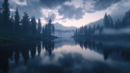 Fototapeta premium Tranquil dawn lake reflecting mist and dark forest under cloudy skies, creating a serene and picturesque natural landscape.