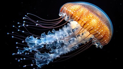 Glowing jellyfish gracefully pulsating with vibrant colors against a deep black background, showcasing delicate tentacles and luminescent features.
