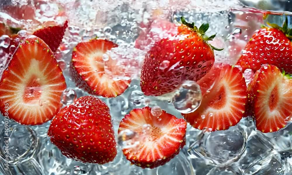 Poster strawberries floating in water with bubbles. freshness and lightness concept.