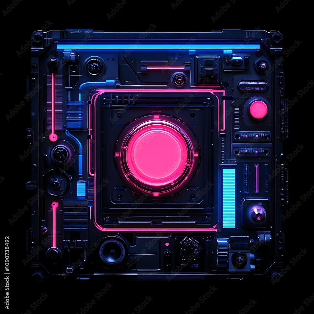 Poster futuristic tech interface with neon accents, featuring intricate patterns and geometric shapes to re