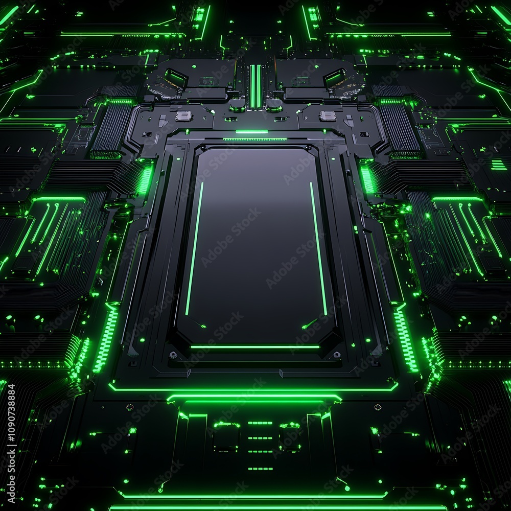 Poster futuristic technology background with neon green circuit board design and high-tech patterns, suitab