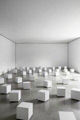 A room filled with lots of white cubes in a room.