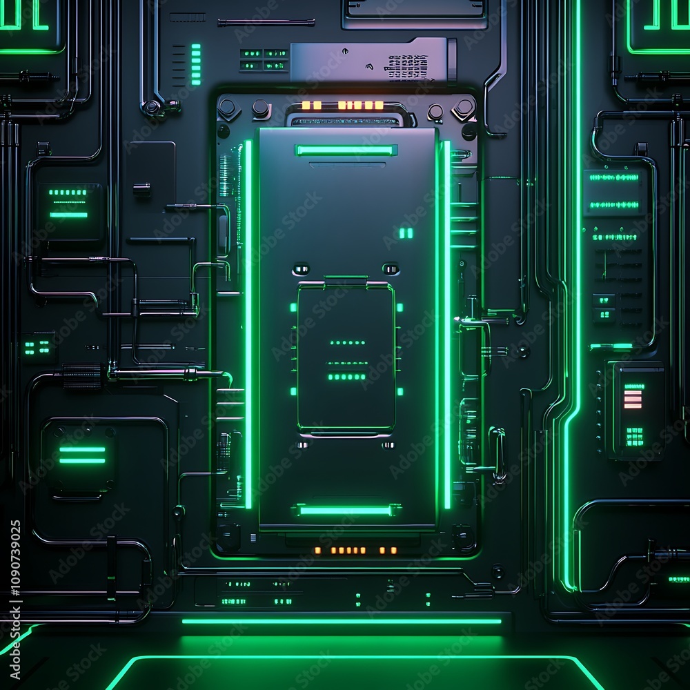 Poster futuristic technology background with neon lights and circuit patterns in a dark environment for hig