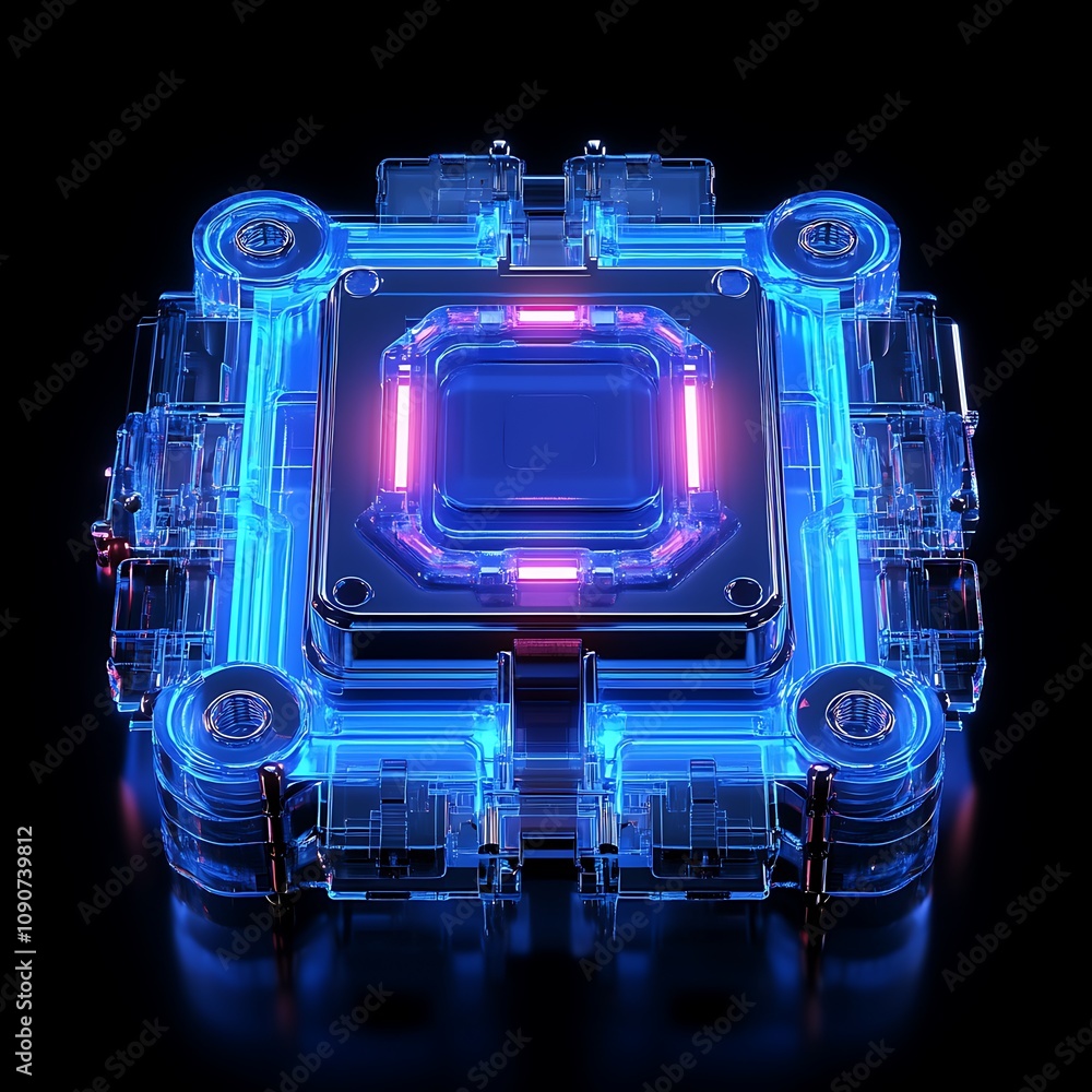 Poster futuristic transparent microchip with neon glow on a dark background, illustrating advanced technolo