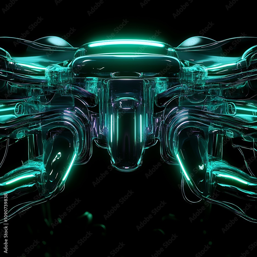 Poster futuristic transparent robotic hand with neon glow against dark background, showcasing advanced tech