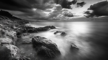 Dramatic twilight scene featuring a calm sea and ominous dark storm clouds over rocky shoreline in black and white.