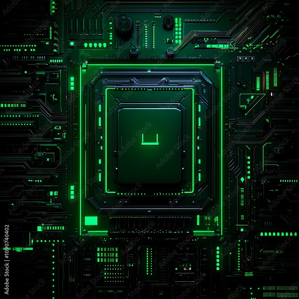 Poster high-resolution abstract image of a green neon circuit board with a central processor, showcasing di