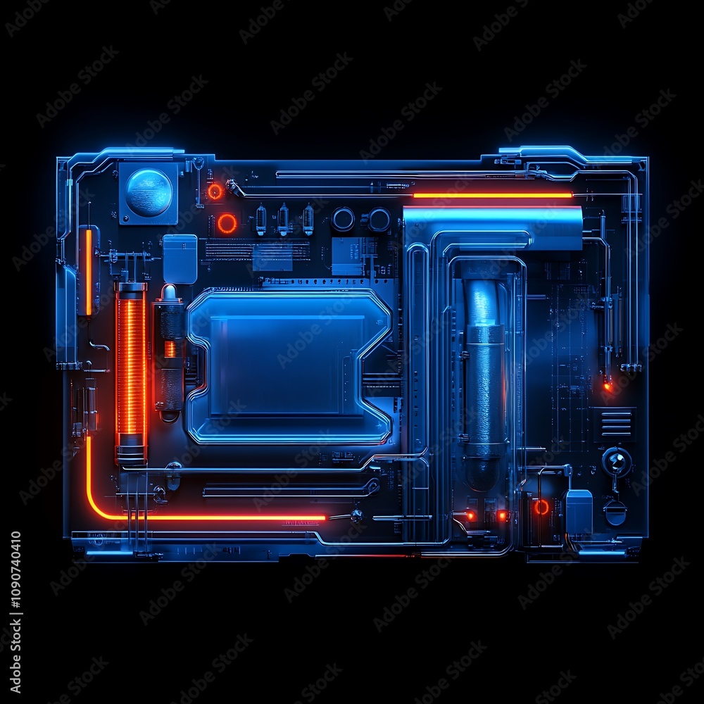 Poster high-tech abstract circuit board design with neon effect and glowing lines for modern technology and
