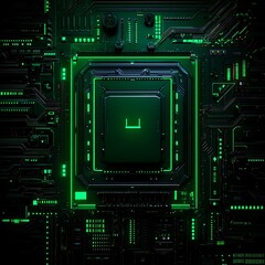 Fototapeta premium High-Resolution Abstract Image of a Green Neon Circuit Board with a Central Processor, Showcasing Digital Technology and Futuristic Design Elements in a Dark Setting