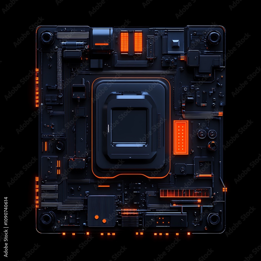 Poster high-tech circuit board with neon orange accents and complex components on a dark background, perfec