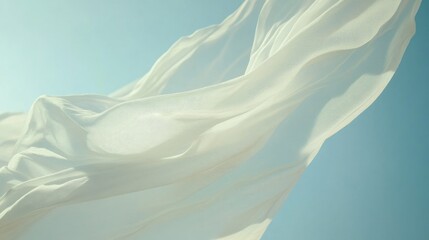 Light sheer fabric billows gracefully in the wind under a bright azure sky, creating a serene and ethereal atmosphere.