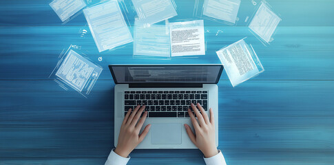 Man typing on laptop, glowing electronic document files and digital signature, trends, Ai