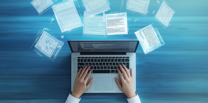 Man typing on laptop, glowing electronic document files and digital signature, trends, Ai