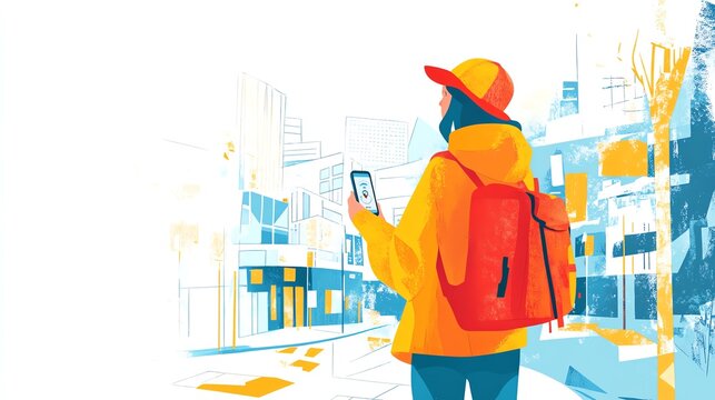 a 2D cartoon illustration of a tourist navigating a city with a GPS app, modern and fun, white background--ar 16:9