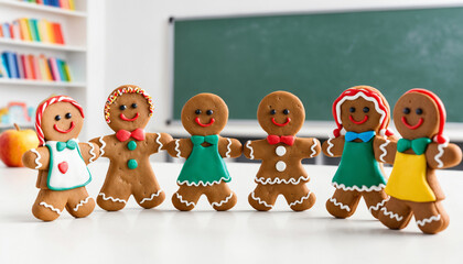 Obraz premium teacher gingerbread and gingerbread kids in a classroom on a well lit white background