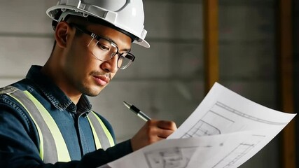 Professional engineer examining architectural plans on site