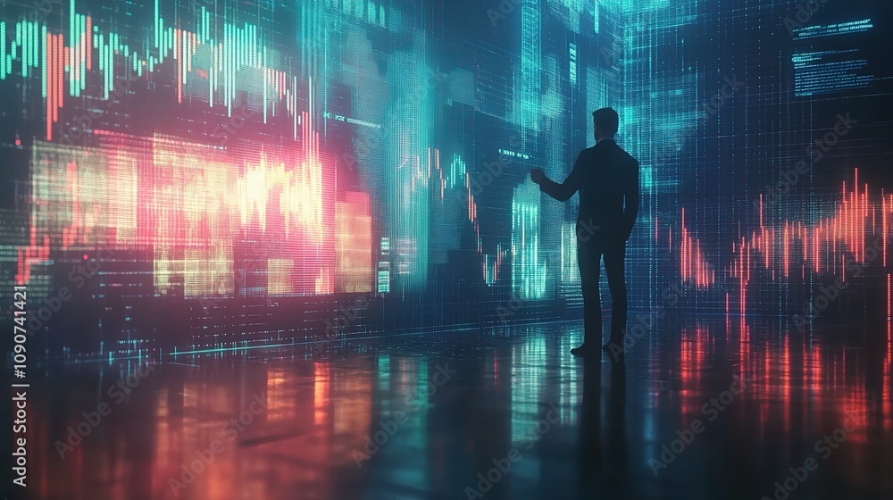 Poster virtual interface with market growth graphs displaying future trends and data analytics in a high-te