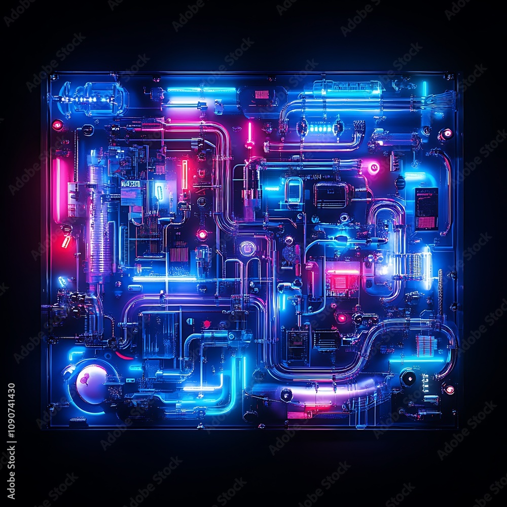 Poster intricate neon circuit board design with glowing lights and complex patterns featuring modern techno