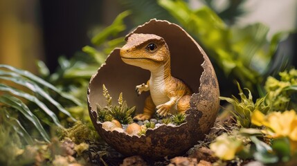 Obraz premium Hatching baby dinosaur action enclosed environment nature scene lush greenery close-up view wildlife inspiration