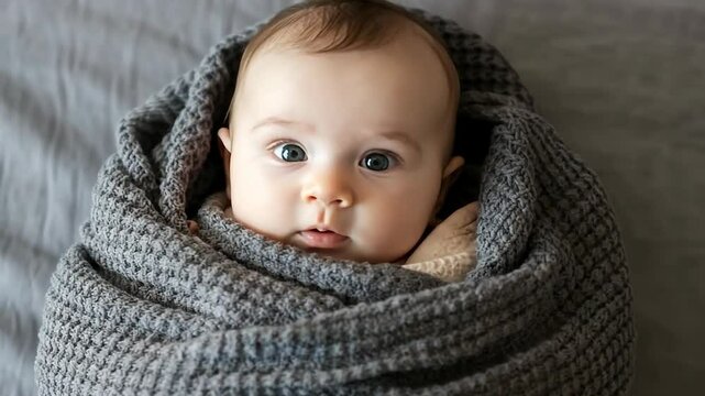 Adorable baby wrapped in cozy grey blanket