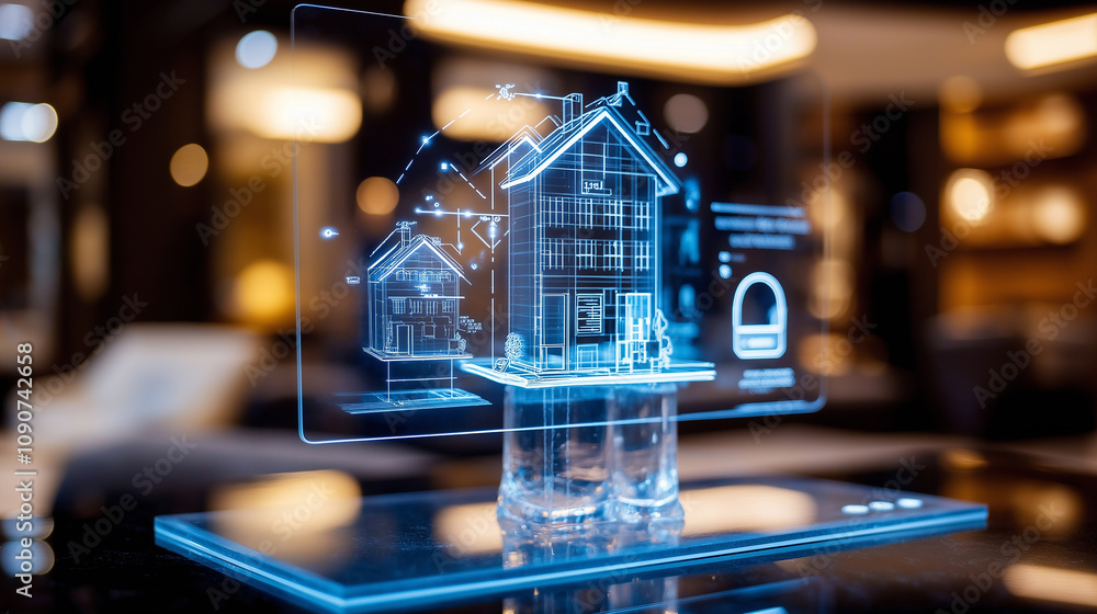 Poster futuristic touchscreen displaying home security blueprint