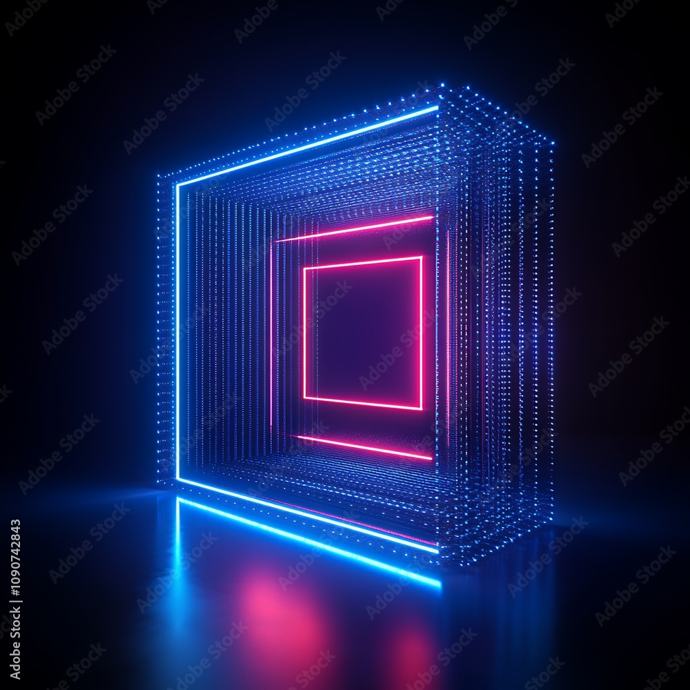 Poster neon light structure with 3d cube effect, creating a futuristic space with vibrant blue and pink glo