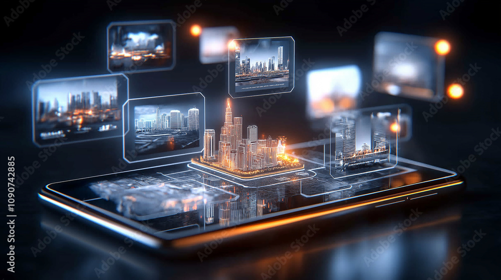 Aufkleber glowing mobile interface for hotel booking showcasing city views and data