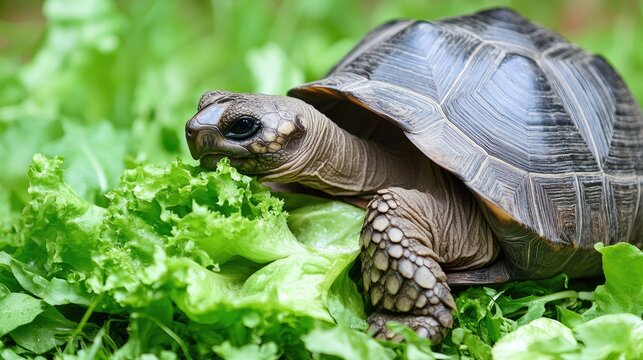 Hermann's tortoise peacefully nibbling fresh green lettuce amidst vibrant grass, showcasing its patterned shell and calm demeanor. - Powered by Adobe