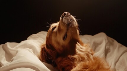 Naklejka premium Golden Retriever lying on a white cloth, gazing thoughtfully upward against a dark background, showcasing the dog's beauty and charm in a captivating portrait.