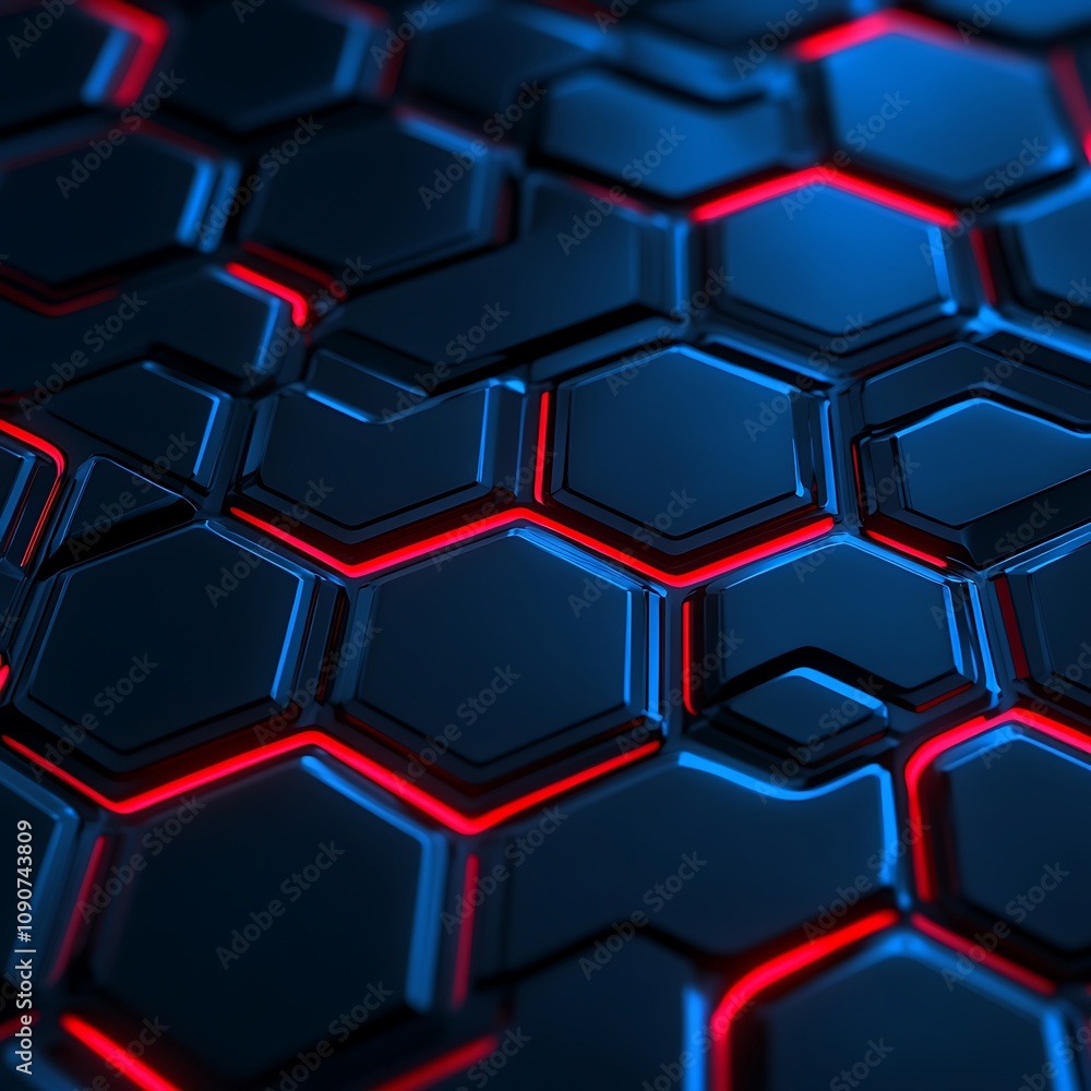 Poster Stylish and Modern Abstract Background Featuring Hexagonal Patterns with Neon Blue and Red Accents for Technology and Design Themes