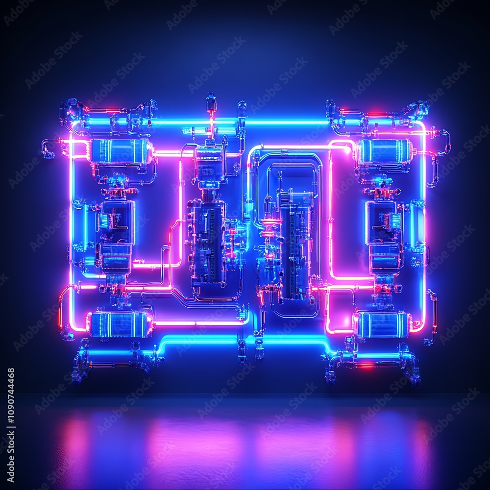 Poster vibrant abstract neon circuit board design featuring colorful lights and intricate patterns, ideal f