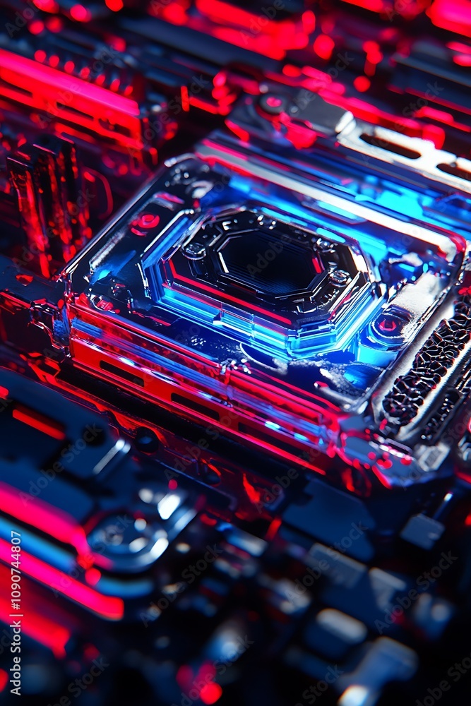 Poster vibrant close-up of futuristic circuit board with glossy red and blue elements highlighting advanced