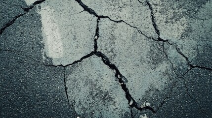 Obraz premium Deteriorating asphalt road surface with prominent cracks and visible collapse patterns highlighting hazardous conditions and the effects of wear.