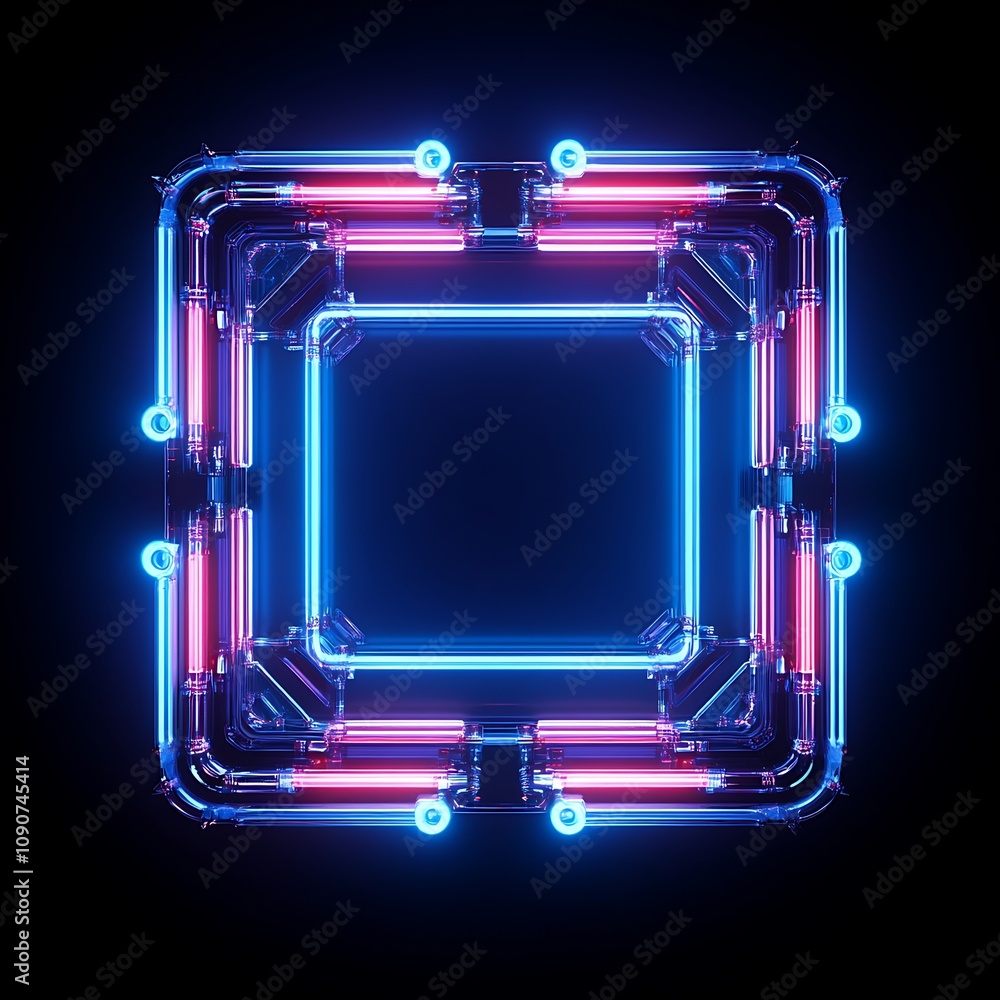 Poster vibrant neon frame with modern design elements illuminating in blue and pink colors against a dark b