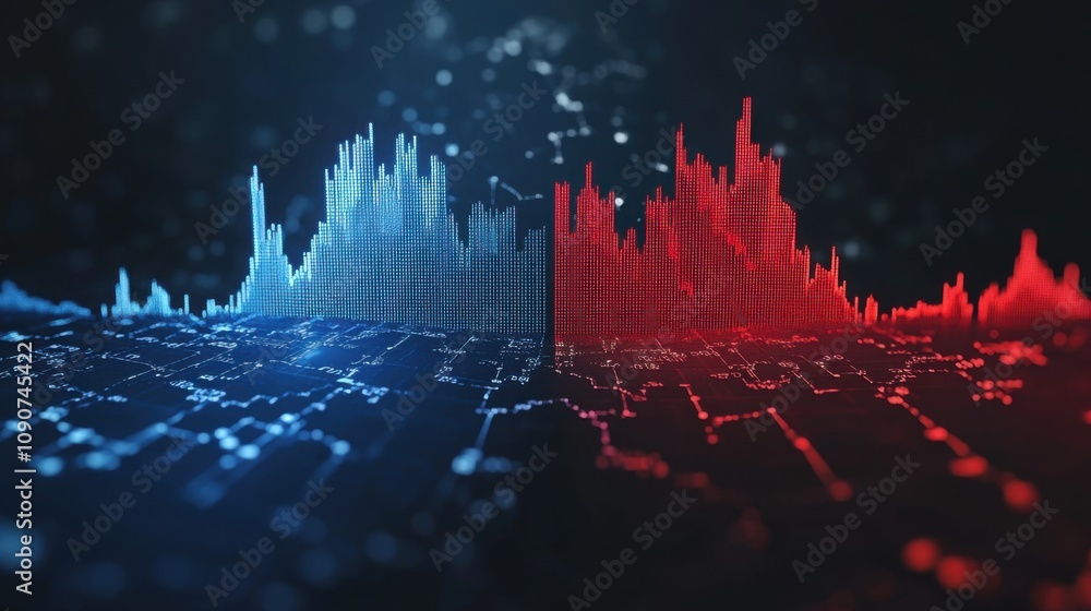 Poster colorful digital waveform display representing financial data and market trends with bright red and 