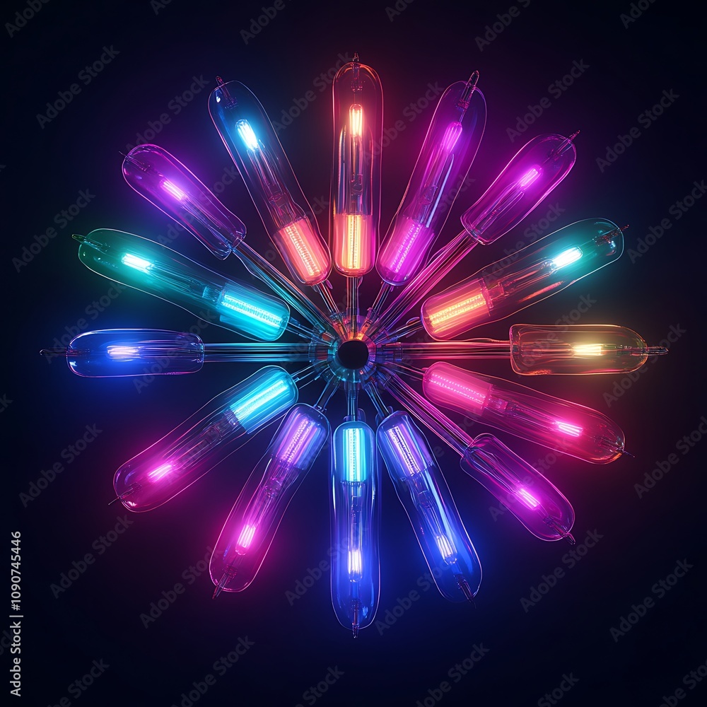 Poster vibrant neon light bulbs arranged in a circular pattern, displaying various colors and radiating a l
