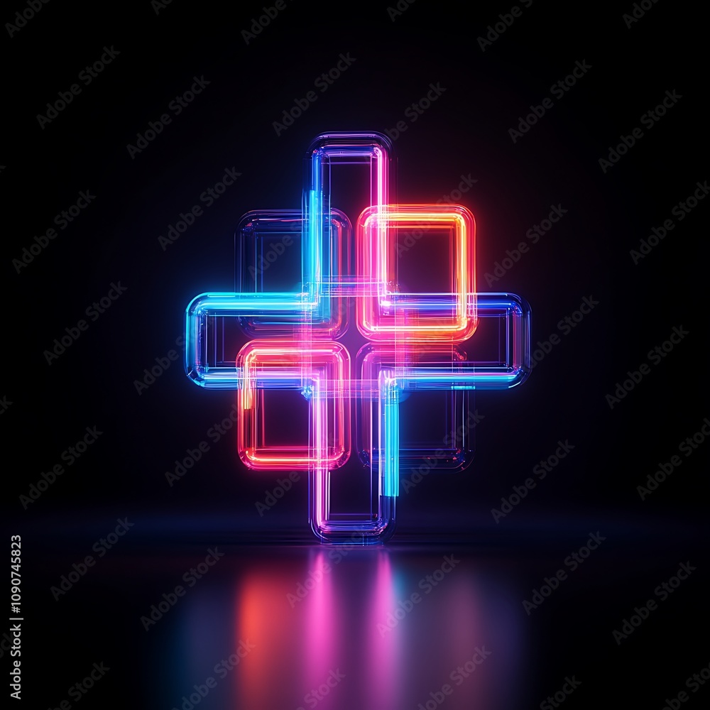 Poster vibrant neon plus sign shining in dark background, colorful glowing rectangles creating a dynamic vi