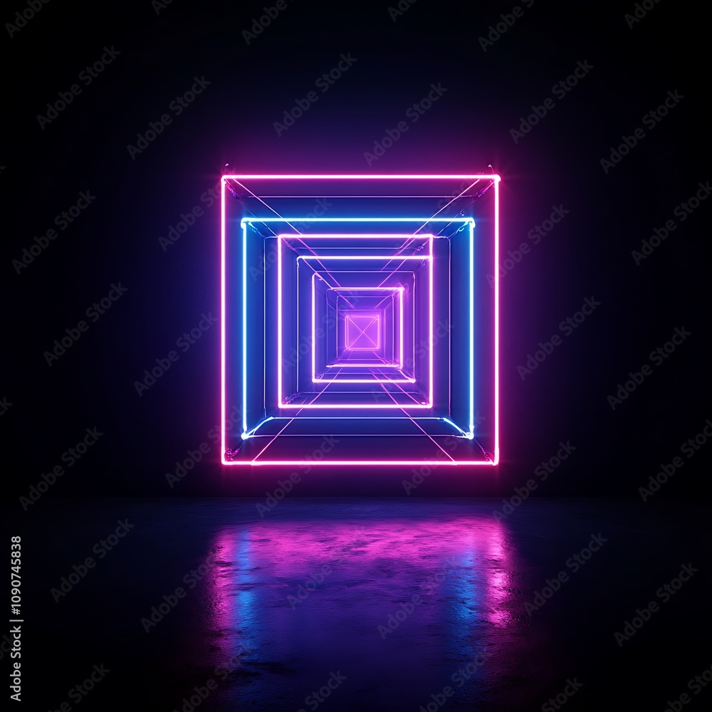 Poster vibrant neon squares creating an endless tunnel effect with reflections on a dark background for fut