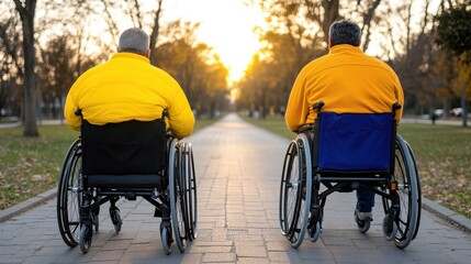 Obraz premium Two friends in wheelchairs share a hearty laugh as they roll down a picturesque tree-lined path in the golden light of sunset.