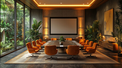Fototapeta premium A vintage-style conference room with retro furniture, offering a nostalgic yet functional setting for meetings and discussions. Classic design with modern amenities for a unique experience.
