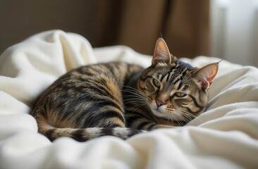 A cat is sleeping peacefully on a cozy bed, eyes closed tight