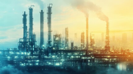 Obraz premium Industrial Complex at Sunset with Smoke and Fog