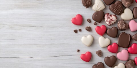 A white background with a bunch of chocolate hearts scattered around it. The chocolate hearts come in different colors and sizes, creating a visually appealing and festive atmosphere