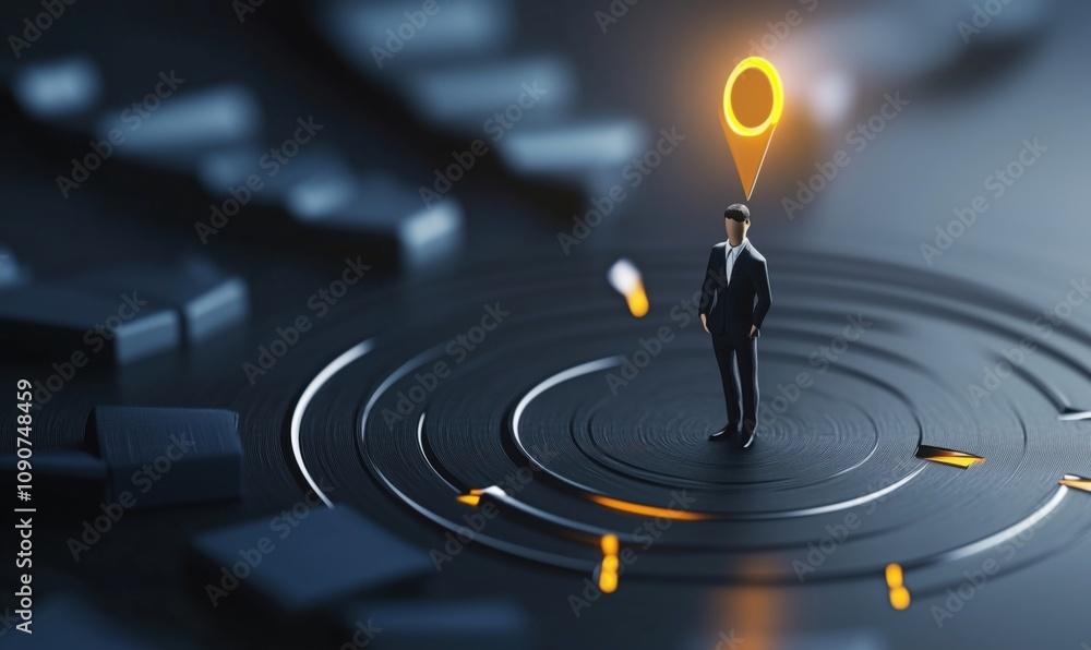 Poster businessman standing on concentric circles with location pin, representing navigation and decision-m