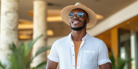 A man wearing a straw hat and sunglasses is smiling. He is wearing a white shirt and a gold necklace