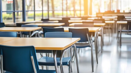 Empty school cafeteria tables during off-peak hours, a serene moment of reflection on the passage of time and the transient nature of youth.