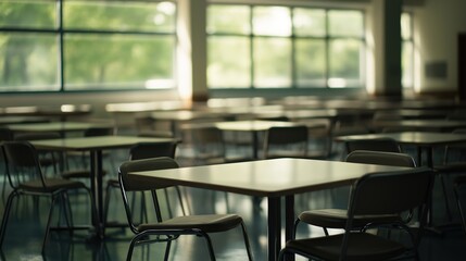 Fototapeta premium Empty school cafeteria tables during off-peak hours, a serene moment of reflection on the passage of time and the transient nature of youth.