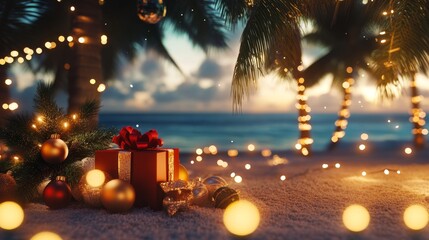 Christmas branding mockup with sparkling lights and festive decor, ideal for showcasing products in a holiday-themed environment with a focus on visual appeal and brand recognition