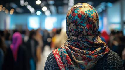 Obraz premium A person wearing a hijab participating in a fashion show, showcasing cultural diversity and breaking stereotypes in the fashion industry.