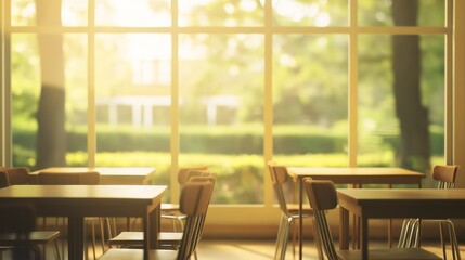Fototapeta premium Empty school cafeteria tables during off-peak hours, a serene moment of reflection on the passage of time and the transient nature of youth.